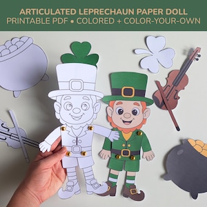May include: A set of articulated leprechaun paper dolls, one coloured and one to colour yourself. Accessories include a violin, shamrock, and pot of gold. The text at the top says "ARTICULATED LEPRECHAUN PAPER DOLL PRINTABLE PDF • COLORED + COLOR-YOUR-OWN".