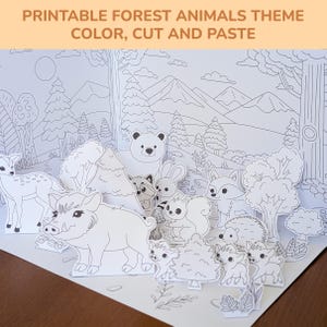 Puede incluir: Una actividad imprimible con temática de animales del bosque para colorear, recortar y pegar. La imagen presenta varios animales del bosque, como un oso, un conejo y un zorro, en una ilustración en blanco y negro. El texto en la parte superior dice "PRINTABLE FOREST ANIMALS THEME COLOR, CUT AND PASTE."