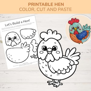 以下が含まれることがあります： 「Printable Hen Color, Cut and Paste」のテキストが入った、印刷可能なニワトリのアクティビティセット。白黒のニワトリの輪郭、切り抜きパーツ、カラーのニワトリのイラストが含まれています。「Let's Build a Hen!」のテキストも表示されています。