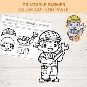 May include: Printable activity sheet titled "Let's Build a Construction Worker!" featuring a cartoon construction worker holding a spanner. Includes instructions and cut-out pieces for colouring, cutting, and pasting. Also includes a coloured illustration of a construction worker.