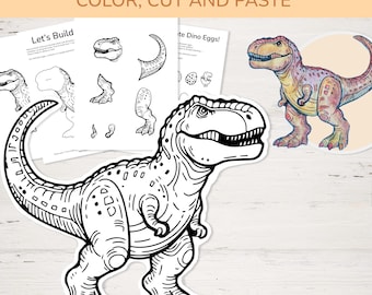 T-Rex Cut and Paste Craft Printable | Dinosaur Coloring Activity for Kids | Build a Dino | Preschool