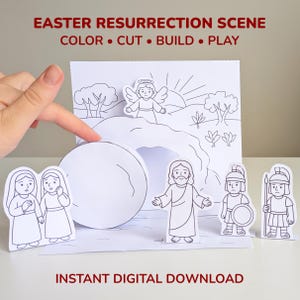 May include: A paper Easter Resurrection Scene with cut-out figures. The scene includes an angel, Jesus, two women, and two Roman soldiers. The text at the top reads "EASTER RESURRECTION SCENE COLOR • CUT • BUILD • PLAY". The text at the bottom reads "INSTANT DIGITAL DOWNLOAD".