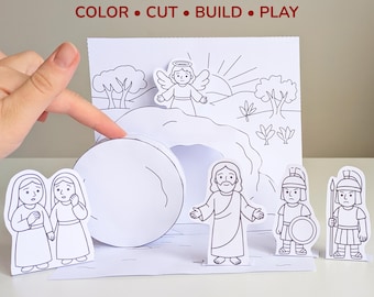 Easter Resurrection Scene Paper Craft for Kids, He Is Risen Printable Diorama, Christian Easter Activity, Cut and Color Bible Craft PDF