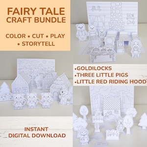 Puede incluir: Un paquete de manualidades de cuentos de hadas con el texto "FAIRY TALE CRAFT BUNDLE" y "COLOR • CUT • PLAY • STORYTELL". El paquete incluye recortes de papel de escenas de Ricitos de Oro, Tres Cerditos y Caperucita Roja.
