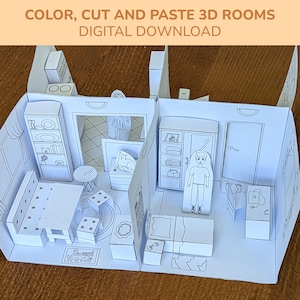 Può includere: Un set di stanze 3D in carta bianca, con più stanze con mobili e figure. Il testo "COLOR, CUT AND PASTE 3D ROOMS DIGITAL DOWNLOAD" è in alto. Le stanze includono un soggiorno, una camera da letto e una cucina.