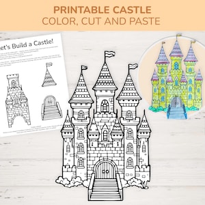 May include: Black and white printable castle outline with the text "PRINTABLE CASTLE COLOR, CUT AND PASTE" at the top. A partially colored castle is on the right. A page with instructions and castle parts is on the left.