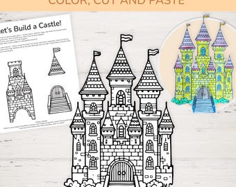 Puede incluir: Un set de manualidades de castillo para imprimir con arte lineal en blanco y negro de un castillo con torres, banderas y un puente levadizo. El set incluye una hoja de instrucciones titulada Let's Build a Castle y un recuadro circular coloreado.