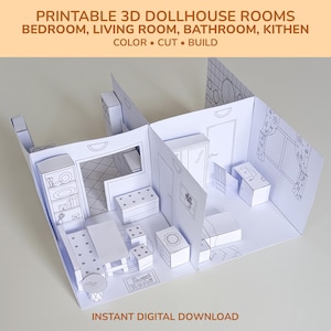 May include: A printable 3D dollhouse set featuring a bedroom, living room, bathroom, and kitchen. The white paper structure includes black line drawings of furniture and room details. Text reads: PRINTABLE 3D DOLLHOUSE ROOMS BEDROOM, LIVING ROOM, BATHROOM, KITHEN COLOR &bull; CUT &bull; BUILD INSTANT DIGITAL DOWNLOAD.