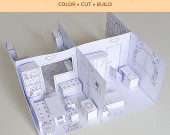 Printable Paper Dollhouse Bundle | 4 Rooms 3D PDF Furniture and Rooms | DIY Cut, Color and Build Craft for Kids | Instant Download
