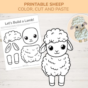 May include: A printable sheep craft kit with the text "PRINTABLE SHEEP COLOR, CUT AND PASTE". The kit includes a sheet with instructions and sheep parts to cut out and assemble. A finished sheep is also shown.