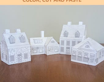 Printable 3D Paper Houses Set – 4 Mini House Templates | DIY Cut, Color and Build Craft for Kids | Digital Download