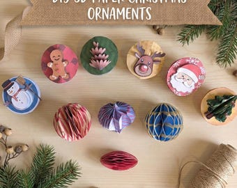 May include: A collection of DIY 3D paper Christmas ornaments. The ornaments include a snowman, gingerbread man, Christmas tree, reindeer, and Santa Claus. Other ornaments are spherical with red, purple, and blue honeycomb paper designs. The text "DIY 3D PAPER CHRISTMAS ORNAMENTS" is displayed.