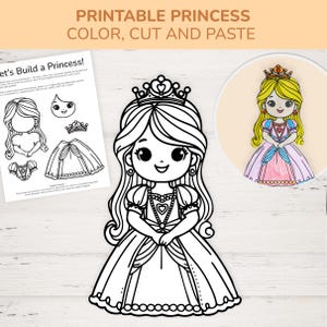 May include: Printable princess coloring, cutting, and pasting activity. The image features a black and white outline of a princess, a colored princess, and a page with princess parts to cut out. The text at the top says "Printable Princess Color, Cut and Paste."
