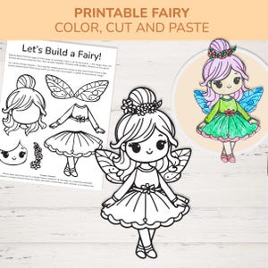 May include: Printable fairy color, cut, and paste activity. The image features a black and white illustration of a fairy, along with instructions and cut-out pieces. A completed, colored fairy is also shown, with pink hair, a green top, and a green skirt.