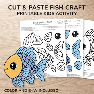 May include: A printable kids activity featuring a colorful cut and paste fish craft. The image shows a completed fish model with blue, yellow, and pink scales, and instructions for building a fish. The text reads "Cut & Paste Fish Craft" and "Printable Kids Activity."