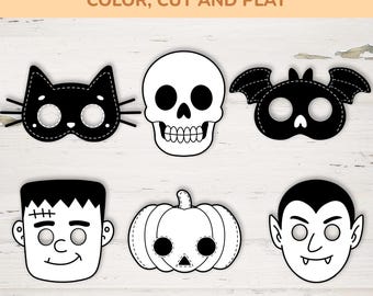 May include: Printable Halloween masks in black and white, featuring a cat, skull, bat, Frankenstein's monster, pumpkin, and vampire. The masks are designed for coloring, cutting, and playing. Text at the top reads: PRINTABLE HALLOWEEN MASKS COLOR, CUT AND PLAY.