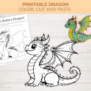 May include: A printable dragon craft activity featuring the text PRINTABLE DRAGON COLOR, CUT AND PASTE. The sheet includes a black and white line art dragon, a partially visible instruction page, and a finished colored green and yellow dragon.