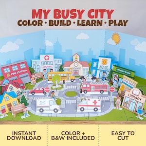Puede incluir: Un set de juego de ciudad de papel titulado MY BUSY CITY COLOR BUILD LEARN PLAY que incluye una estación de bomberos, hospital, escuela, comisaría, tienda de comestibles, oficina de correos y biblioteca con vehículos y personajes de papel.