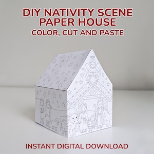 May include: A white paper house with a nativity scene design, featuring an angel, stars, and figures. The text "DIY NATIVITY SCENE PAPER HOUSE COLOR, CUT AND PASTE" and "INSTANT DIGITAL DOWNLOAD" are displayed in red.