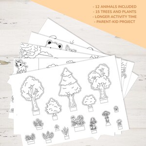May include: A stack of white paper cutouts featuring line drawings of trees, plants, and animals. The text on the image states: "12 ANIMALS INCLUDED, 15 TREES AND PLANTS, LONGER ACTIVITY TIME, PARENT-KID PROJECT."