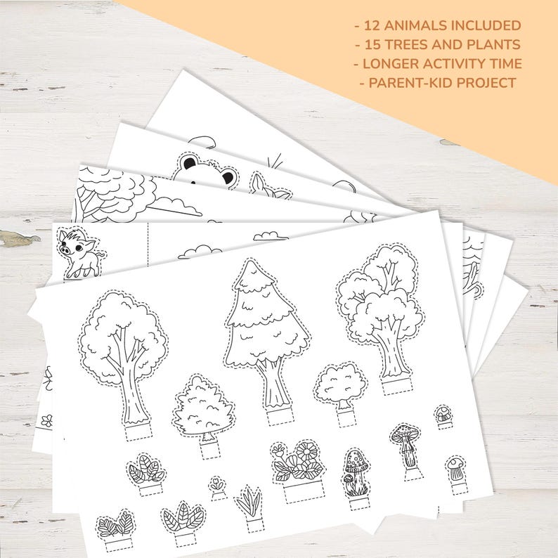 May include: A stack of white paper cutouts featuring line drawings of trees, plants, and animals. The text on the image states: "12 ANIMALS INCLUDED, 15 TREES AND PLANTS, LONGER ACTIVITY TIME, PARENT-KID PROJECT."