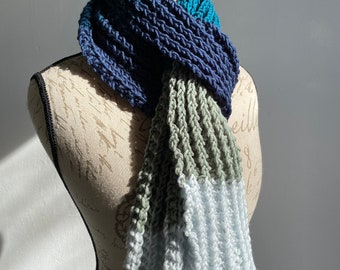 Shades of blue silk rayon hand knit mock rib scarf