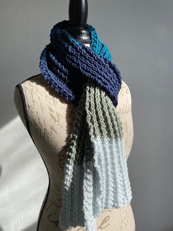 Shades of blue silk rayon hand knit mock rib scarf