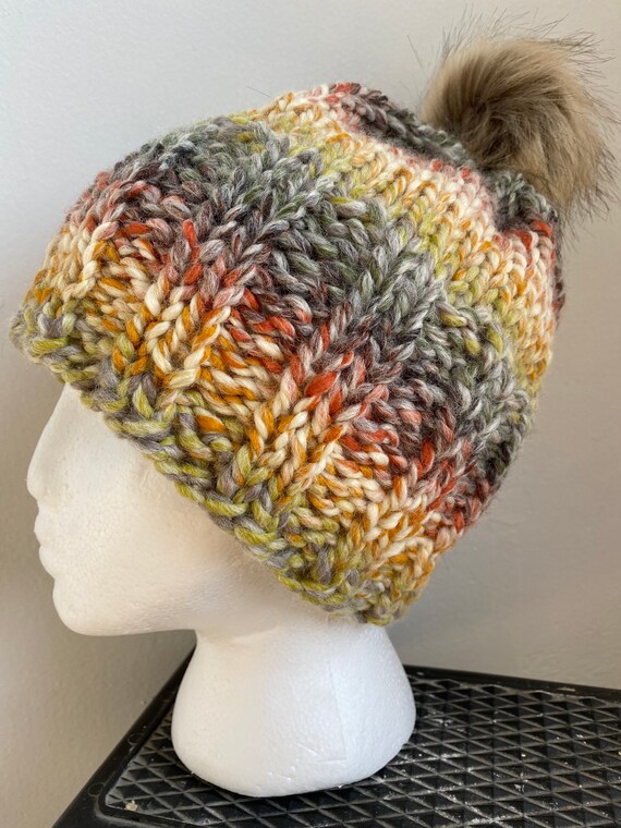 Hand knit chunky warm colorful beanie with fur Pom