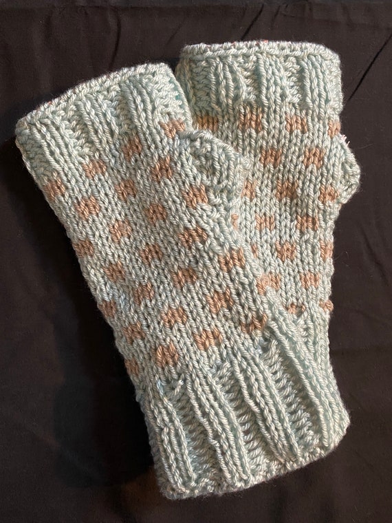 Baby blue and gray polka dot cotton flannel lined fingerless gloves hand knit