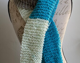 Chunky hand knit gray, white and teal scarf