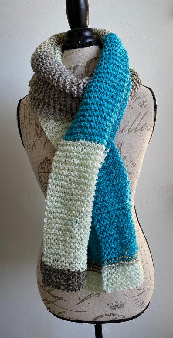 Chunky hand knit gray, white and teal scarf