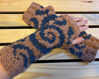 Hand knit fair isle spiral tentacle fingerless gloves in slate blue and latte