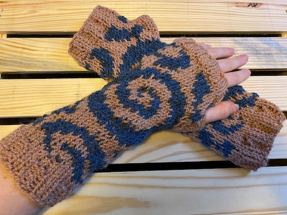 Hand knit fair isle spiral tentacle fingerless gloves in slate blue and latte