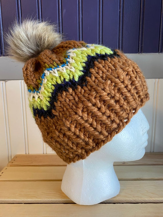 Hand knit chevron fair isle Pom Pom winter beanie multi color brown green blue