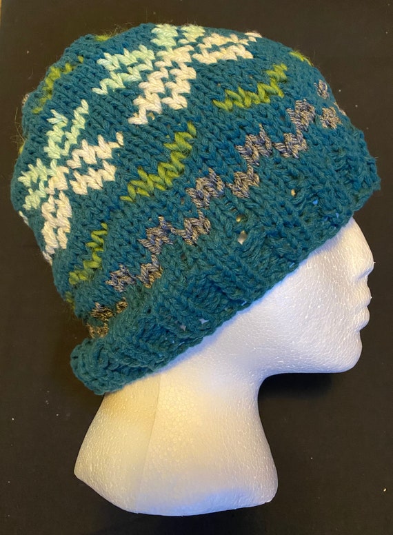 Dark teal green gray and white winter faire isle snowflake hand knit beanie hat