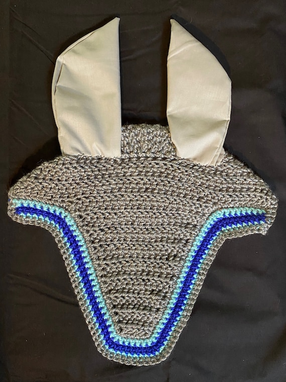 Ready to ship! Gray, mint green, and cobalt blue ear bonnet for jumpers, eventers, dressage, and pleasure/trail riding