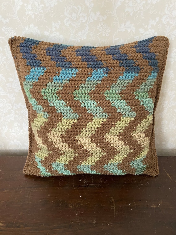 Ocean sunrise zig zag hand crocheted pillow cover 16x16in