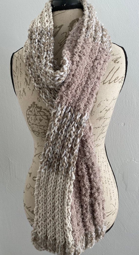 Off white and cream multi media ribbed extra long hand knit scarf