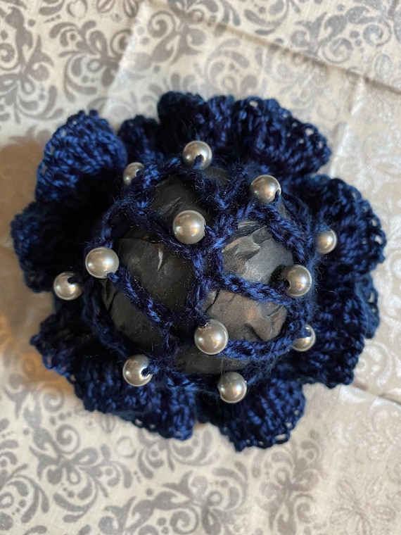 Ready to ship! Dressage equestrian hairnet bun cover show bow in navy with gunmetal pearl accents