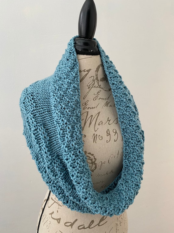 Powder blue hand knit textured and machine washable infinity scarf