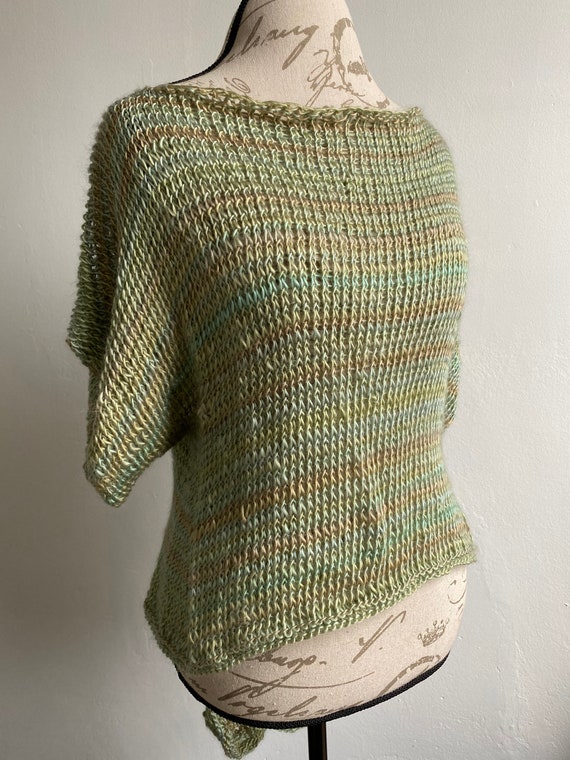 Hand knit lace back high low blouse in faded pastel rainbow