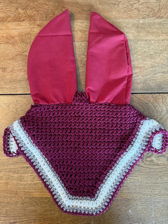 Handmade Merlot wine red equestrian fly bonnet with sparkling gray and white accent trim