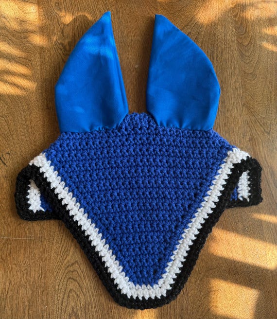 Handmade cobalt blue equestrian fly bonnet with sparkling black and white accent trim