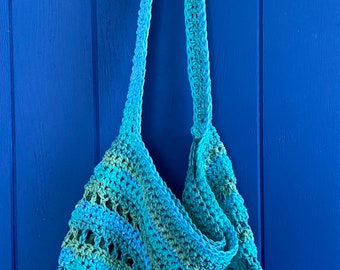 bolso de hombro del mercado de agricultores de algodón hecho a mano en azules y verdes del océano