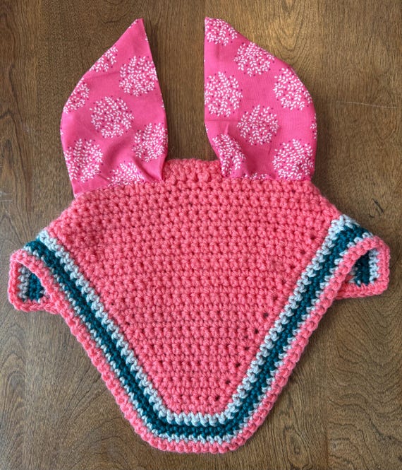 Handmade bright pink equestrian fly bonnet with sparkling light grey and teal accent trim
