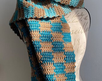 Ombré teal and brown checkered oversized wrap scarf shawl hand crocheted