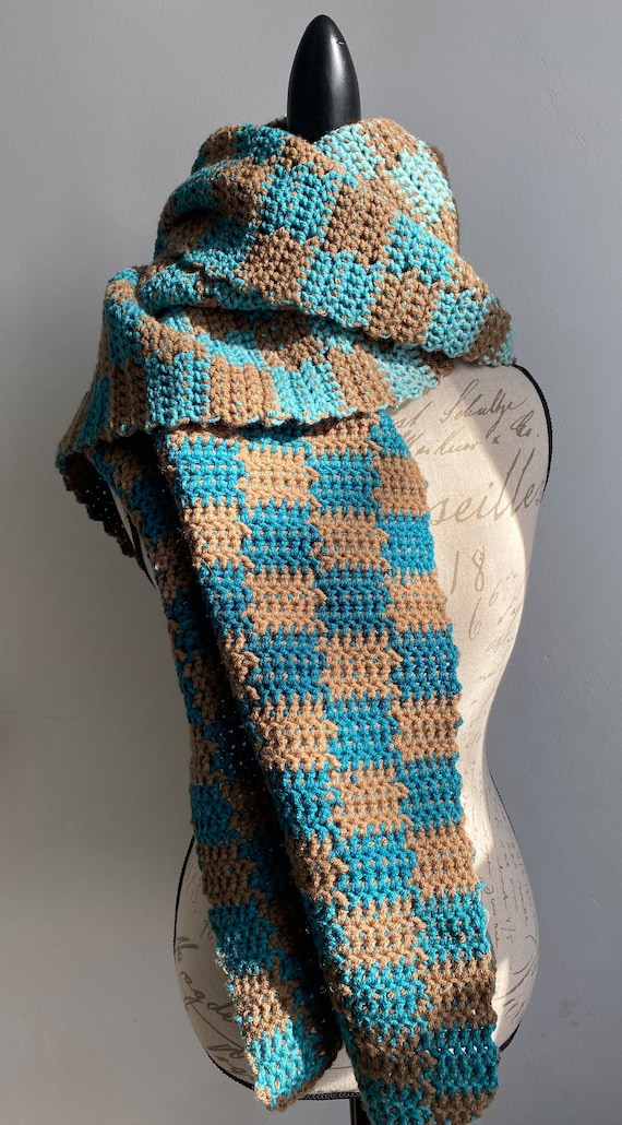 Ombré teal and brown checkered oversized wrap scarf shawl hand crocheted