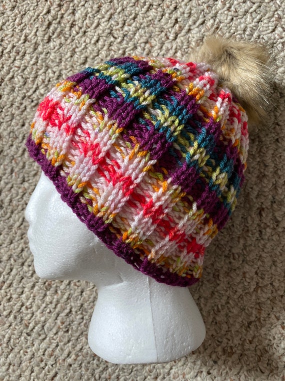 Striped colorful ribbed hand knit Pom Pom beanie winter autumn hat