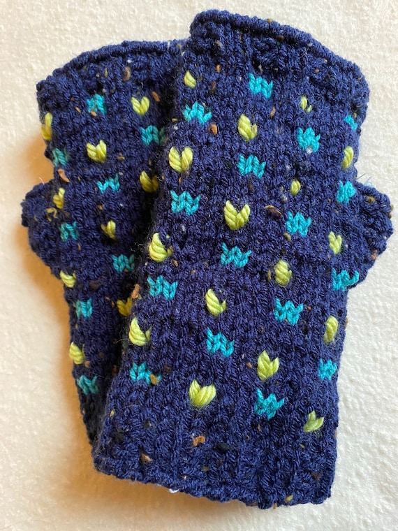 Navy blue, green, and teal hand knit and lined fair aisle polka dot fingerless gloves