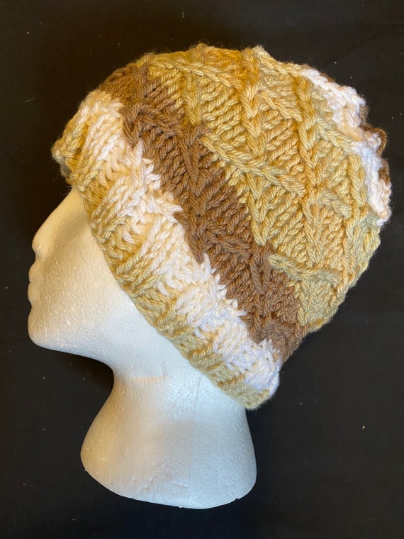 Handknit lattice beanie winter hat in caramel cream